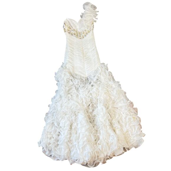 Mac Duggal Couture White High-Low Beaded Ruffle Feathers Prom Dress Gown (Sz 4) - Picture 2 of 16